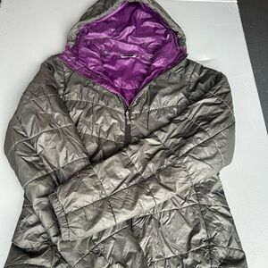 Ibex Metallic Gray Puffer Jacket with Purple Interior